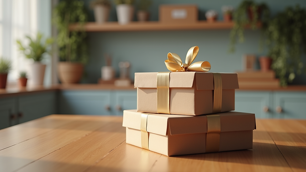 Eye-level view of a stack of custom printed gift boxes on a wooden table