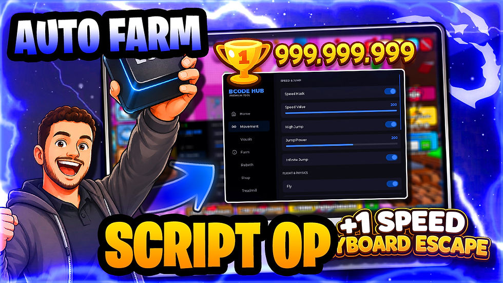 Miniatura gamer com homem sorrindo, painel de hacks e texto AUTO FARM, SCRIPT OP, +1 SPEED e 999.999.999 em fundo azul