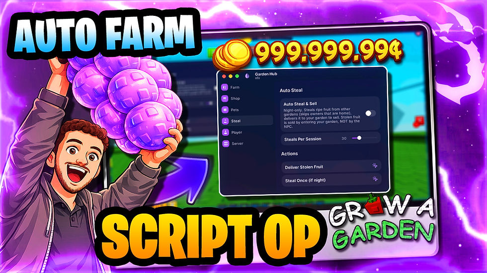 Homem animado segura frutas roxas; tela de jogo com Auto Farm, 999.999.999¢ e Script OP Grow a Garden em fundo roxo.