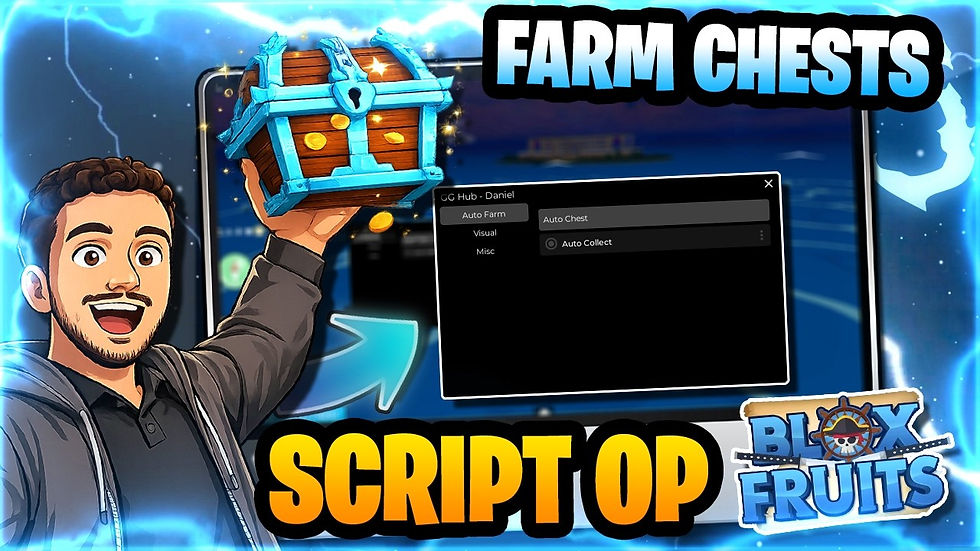 Homem animado ergue baú brilhante; tela de script com FARM CHESTS e SCRIPT OP em destaque, logo Blox Fruits ao fundo.