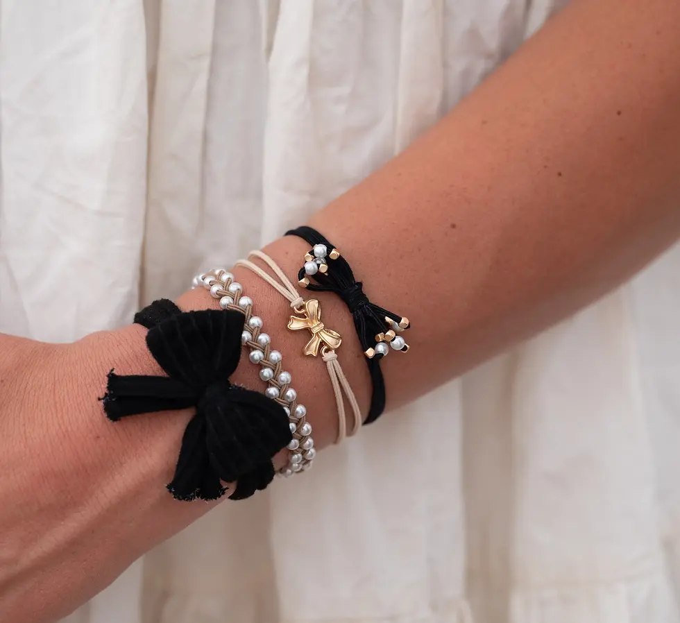 Thumbnail: "Harmony" Bows, Pearls, Black & Gold Hair Tie Bracelets