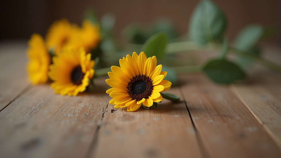 Eye-level view of a sunflower-inspired ring on a wooden surface