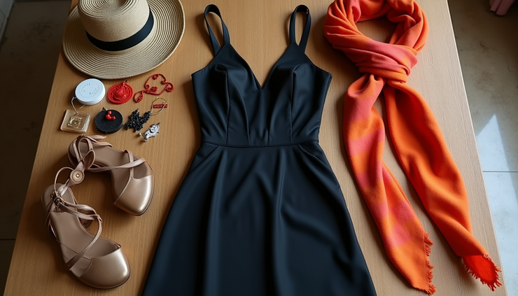 Eye-level view of a sleek little black dress paired with colorful accessories on a wooden table