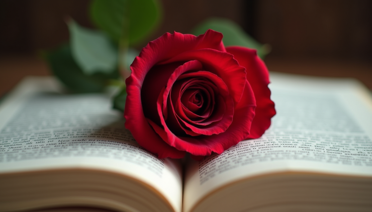 Eye-level view of a single red rose lying on an open book