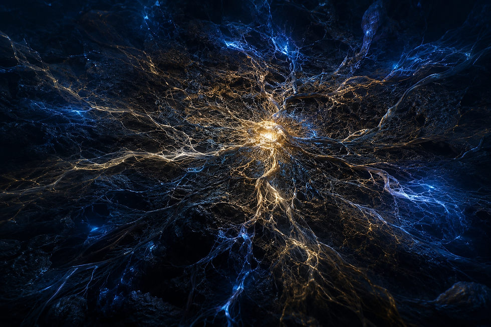 A bird's-eye view of a vast glowing root or neural network with converging gold and cobalt pathways, some fraying at the edges into deep indigo darkness, the center dimly lit as if under strain.