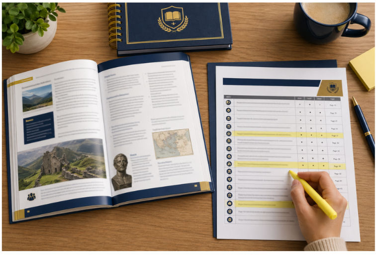 Open book and papers on a wooden desk, highlighted by a hand with a yellow marker. Notebook, pen, coffee, and plant nearby. Academic setting.
