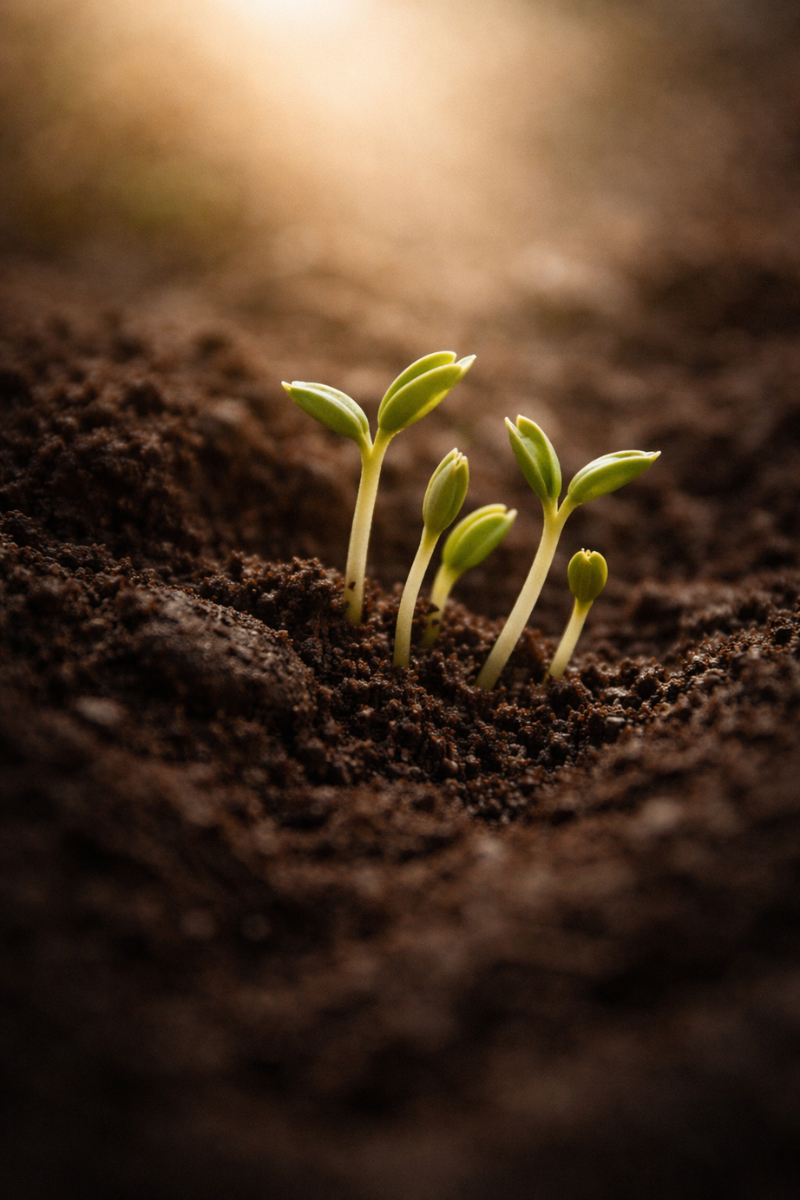 Young green seedlings sprout from dark soil under soft sunlight, conveying growth and new beginnings. Warm, earthy tones dominate the scene.