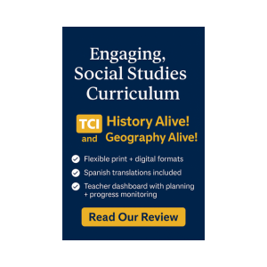 Engaging Social Studies Curriculum ad with TCI logo. Blue background, white text highlights features like digital formats and translations.
