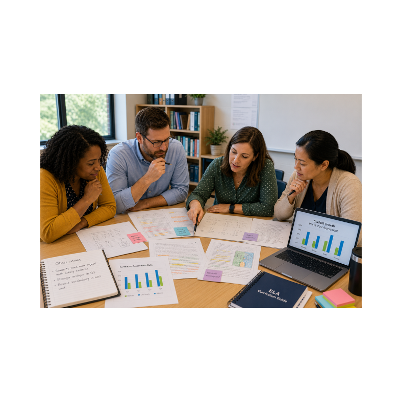 Four people discuss documents at a table with charts and notes, including a laptop displaying a growth graph, in a bright office setting.