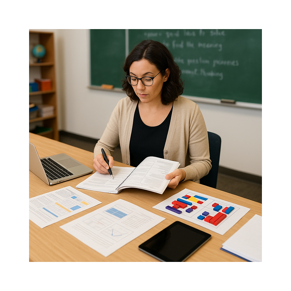 Woman in a classroom reviews documents at a table with a laptop, charts, and colorful blocks. Chalkboard with text in the background.