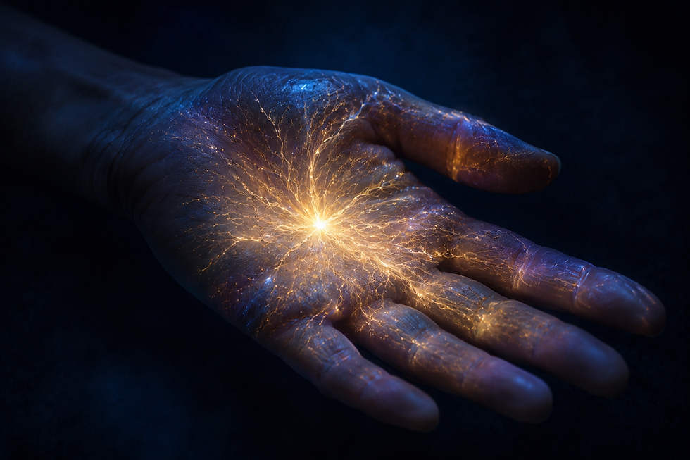An open palm faces upward with soft gold bioluminescent light radiating from the center outward in fine luminous threads against deep indigo shadow.