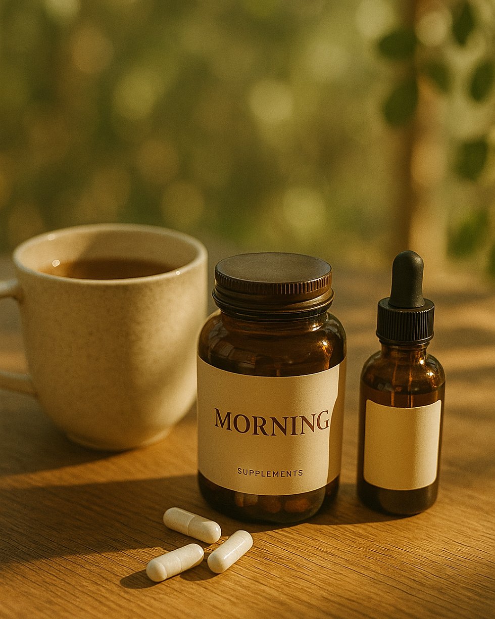 Brown pill bottle labeled "MORNING Supplements" with white capsules and a dropper bottle on a wooden table. A cup nearby; warm, earthy tones.