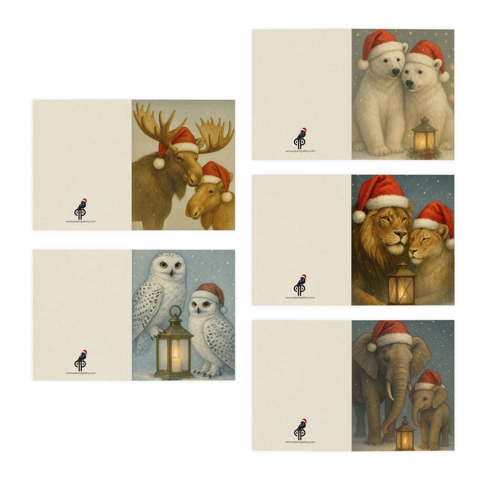 Set of greeting cards featuring various wildlife animals in Santa hats.