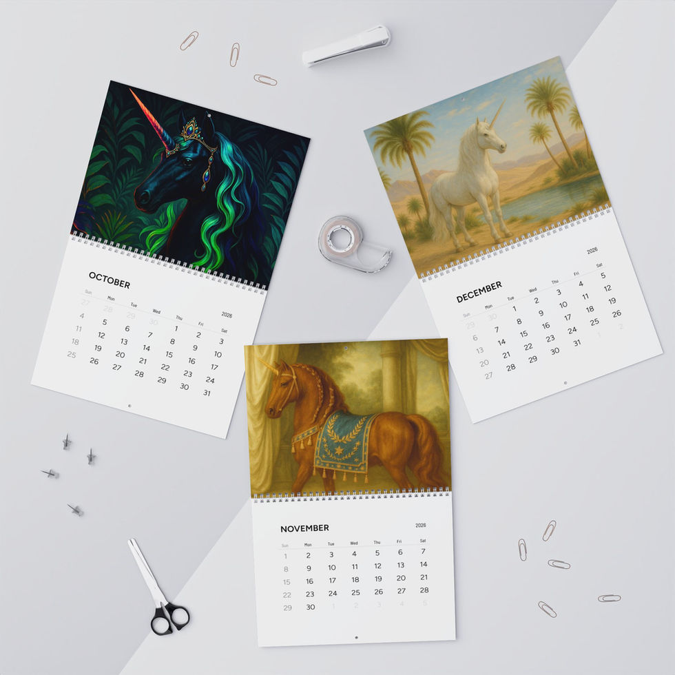 Unicorn art calendar featuring elegant fantasy illustrations in soft pastel tones and Art Nouveau style.