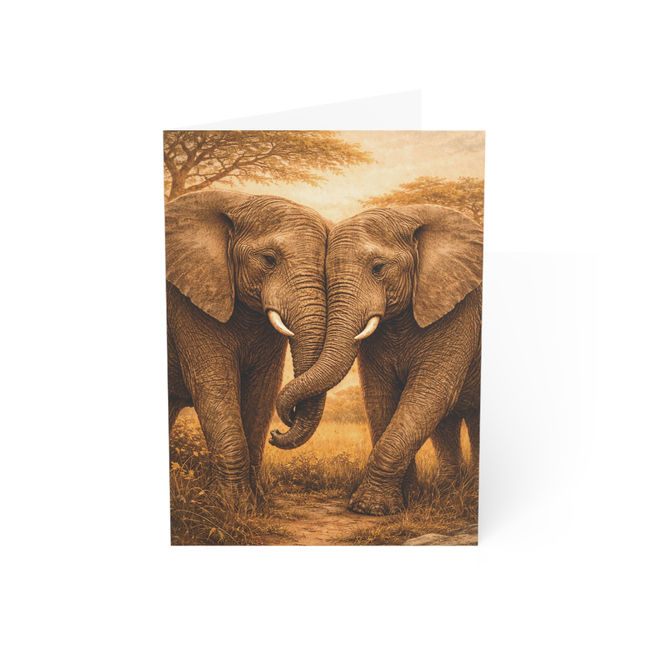 Two elephants touching trunks in a warm savanna landscape, romantic Valentine’s greeting card artwork.