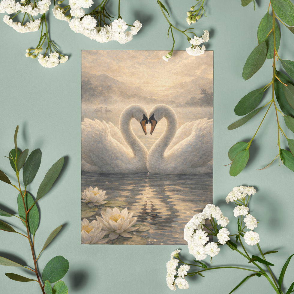 Two swans forming a heart shape on calm water at sunrise, romantic Valentine’s greeting card artwork.