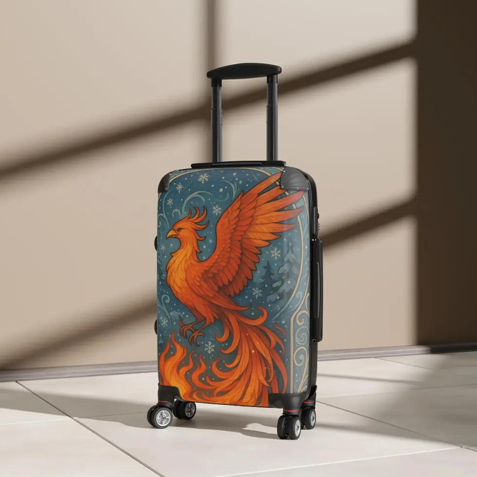 Suitcase featuring a vibrant phoenix design in fiery orange and red tones with Art Nouveau-inspired details.