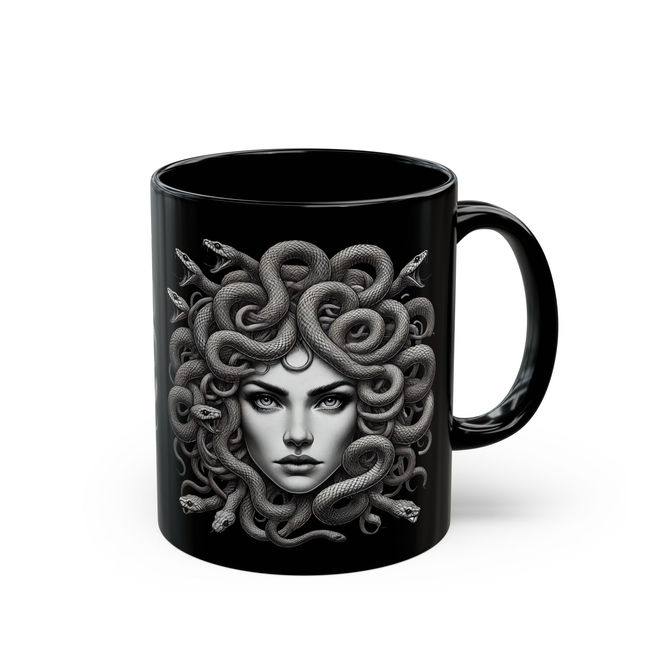 Black ceramic mug featuring a detailed grayscale illustration of Medusa with snakes for hair.