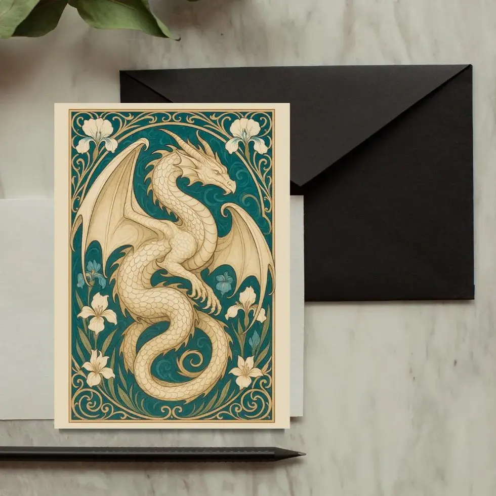 Illustrated white dragon in flowing Art Nouveau style surrounded by floral motifs on a fantasy greeting card.