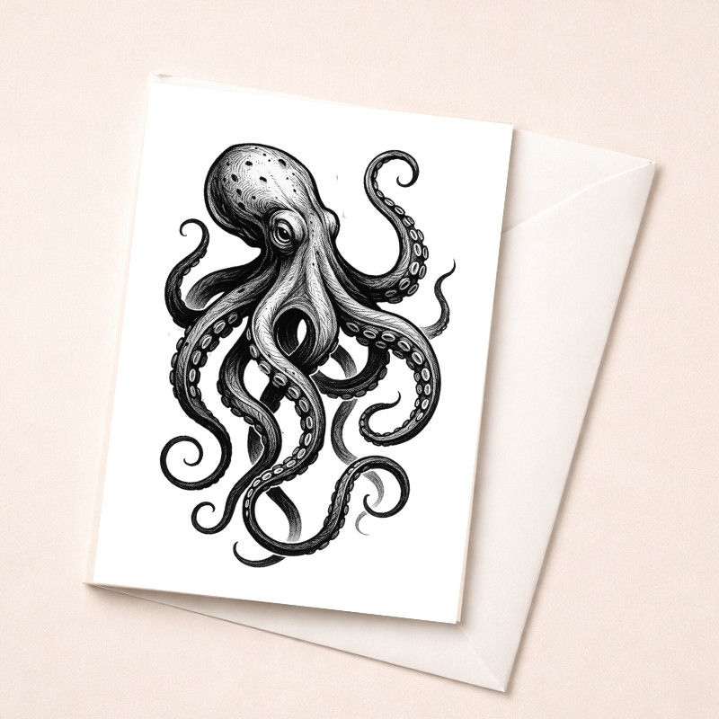 Detailed black and white octopus illustration art postcard with dynamic, flowing tentacles.