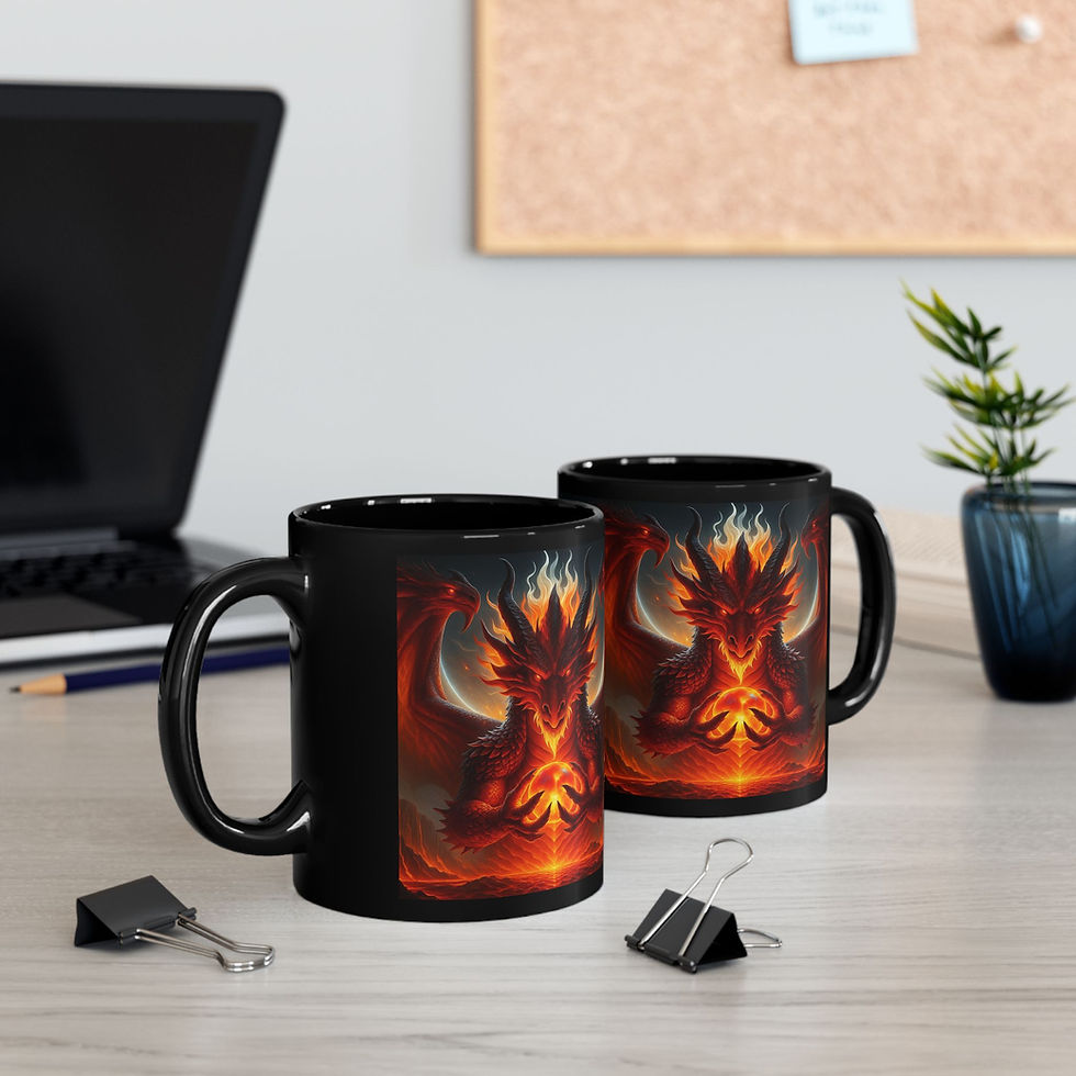 Black mug featuring a red dragon holding a glowing fiery orb, illustrated in a dramatic fantasy style