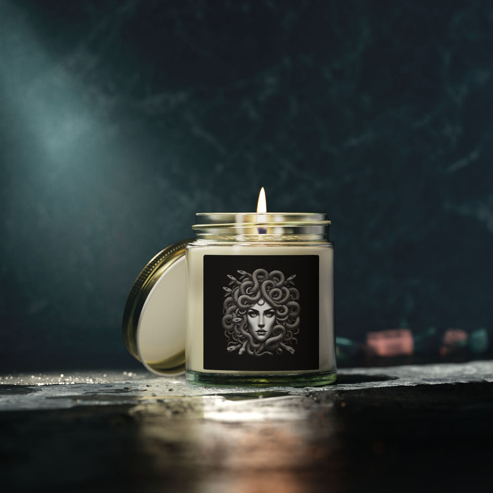 Medusa scented candle with reusable glass vessel, mythology-inspired home decor
