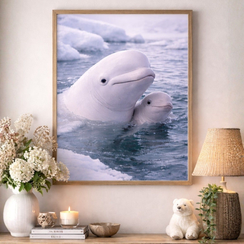 Beluga whales swimming in icy Arctic ocean water with floating ice, symbolizing calm, connection, and winter ocean beauty.