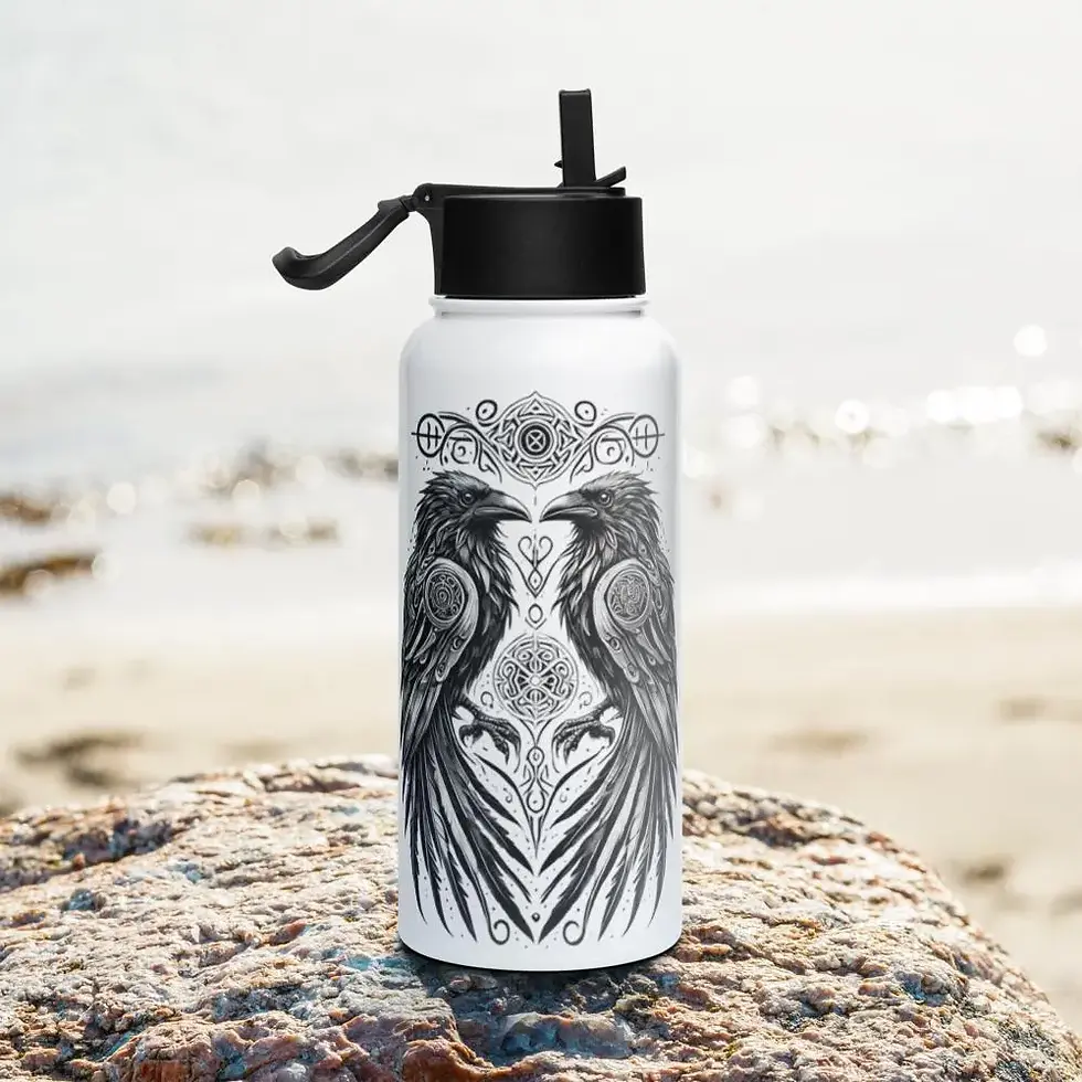 Stainless steel gothic water bottle featuring a detailed raven perched on an ornate skull, with intricate black and white art