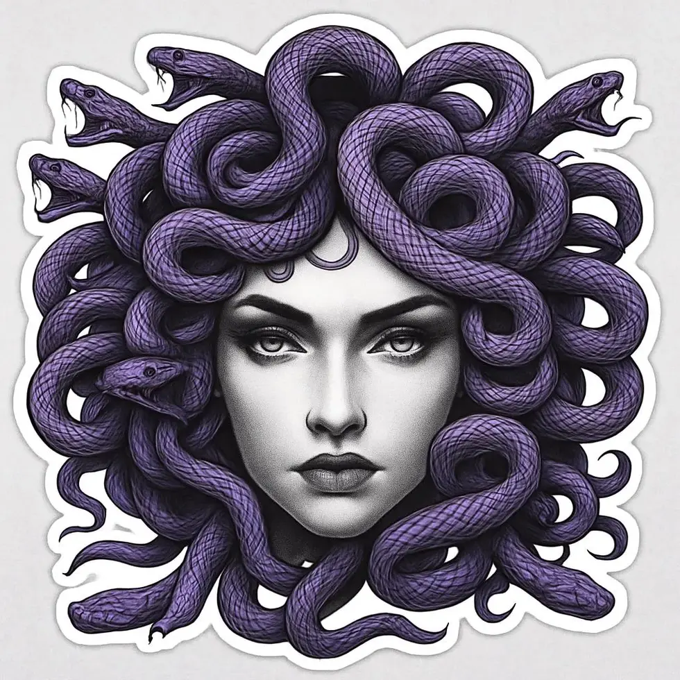 Medusa vinyl sticker with bold purple linework, detailed snakes, and a fierce gaze on a white background.