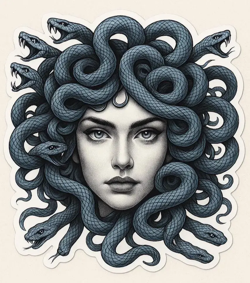 Medusa vinyl sticker with bold blue linework, detailed snakes, and a fierce gaze on a white background.