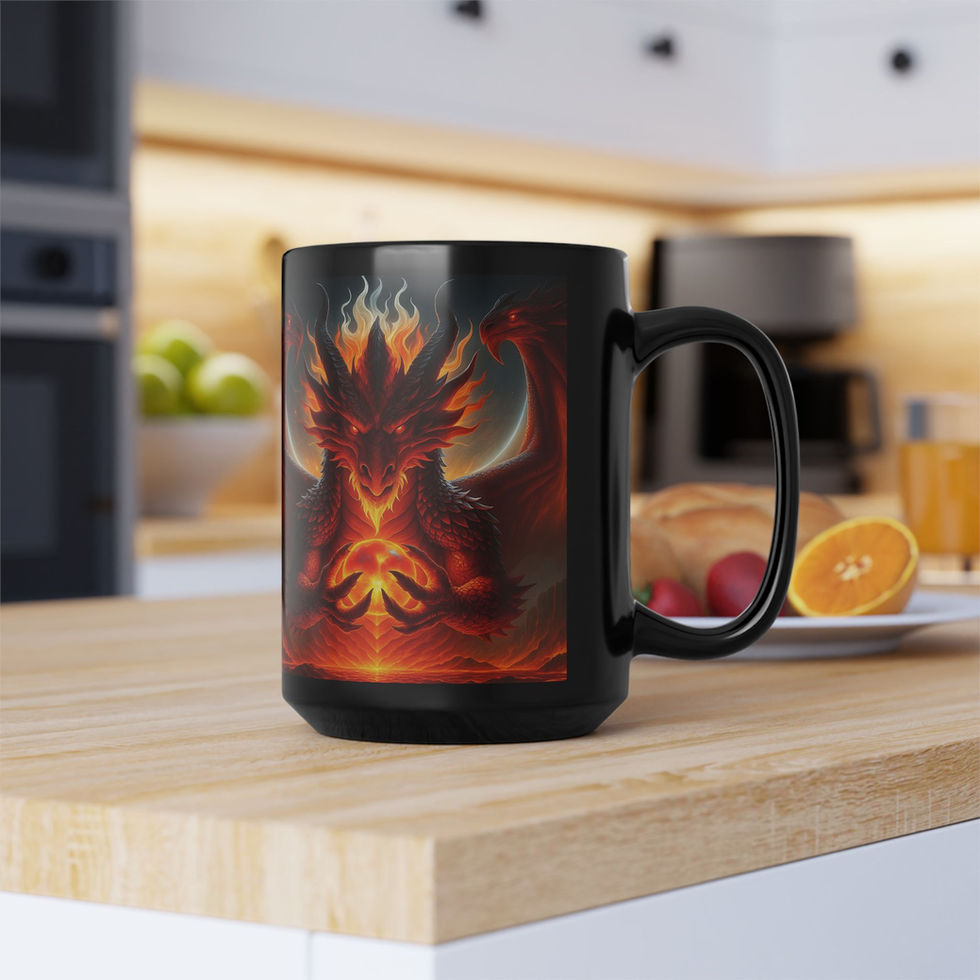 Black mug featuring a red dragon holding a glowing fiery orb, illustrated in a dramatic fantasy style