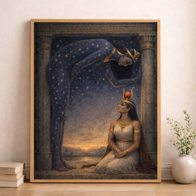 Egyptian mythology artwork featuring the sky goddess Nut arching across a star-filled night sky above a seated Egyptian woman