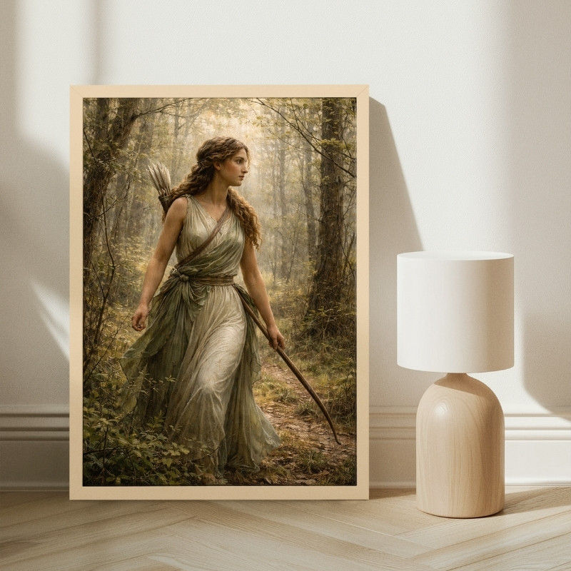 Spring Artemis wall art print showing a mythological goddess walking through a forest with a bow, surrounded by soft golden l