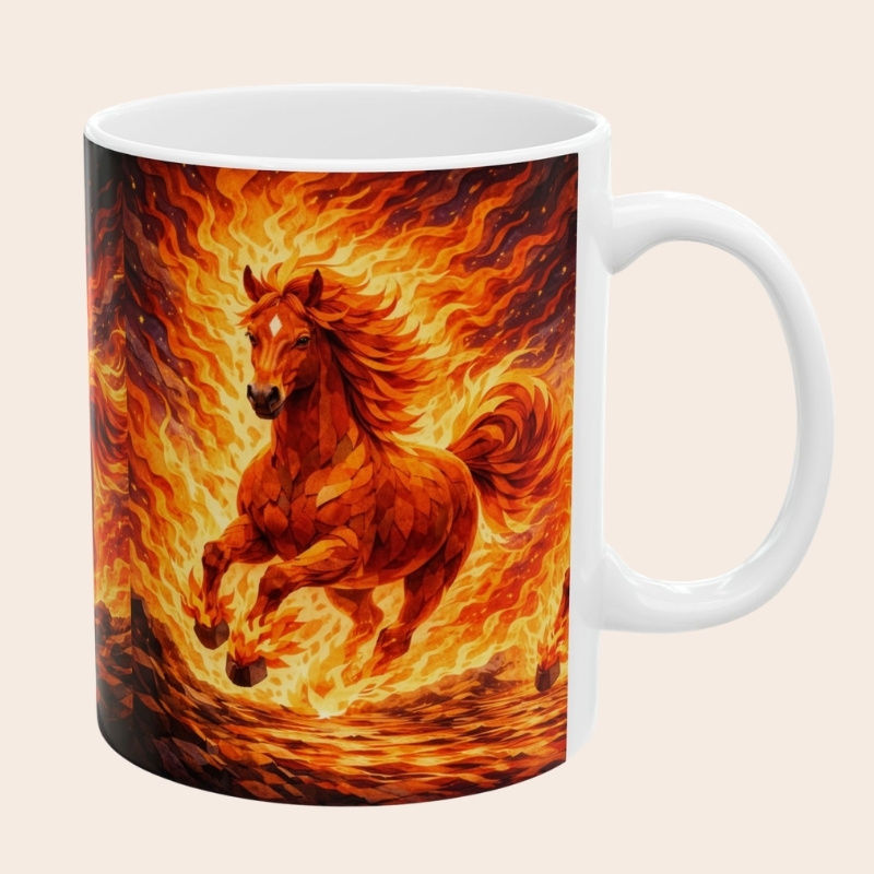 Year of the Horse mug featuring a fiery horse surrounded by flames, mythical zodiac horse artwork printed on a white ceramic