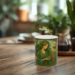 Ceramic mug featuring an Art Nouveau-style illustration of Mother Earth surrounded by birds