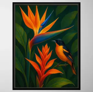 Illustration of a bright orange oriole perched beside a vivid Bird of Paradise flower and pink ginger blossoms