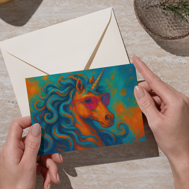 Bundle of retro-style unicorn postcards with 70s fantasy colors.