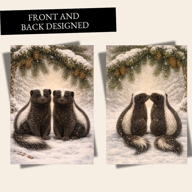 Two skunks sitting together in a snowy scene under pine branches, whimsical Valentine’s greeting card artwork.
