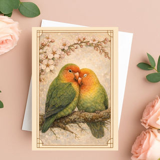 Two love birds cuddling on a branch with blossoms, romantic Valentine’s greeting card illustration.