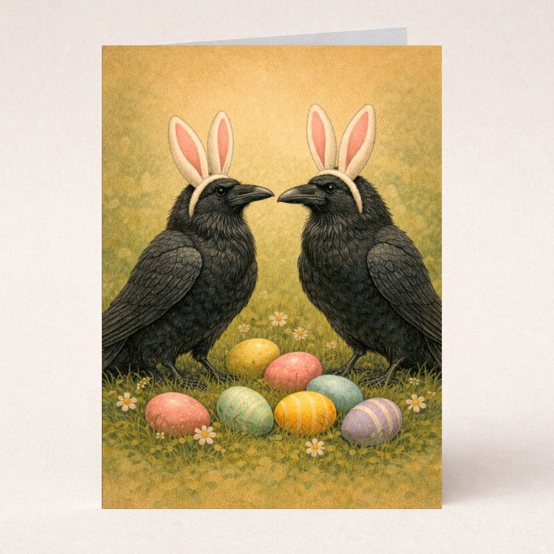 Easter greeting card featuring two black ravens wearing bunny ears surrounded by pastel-colored Easter eggs