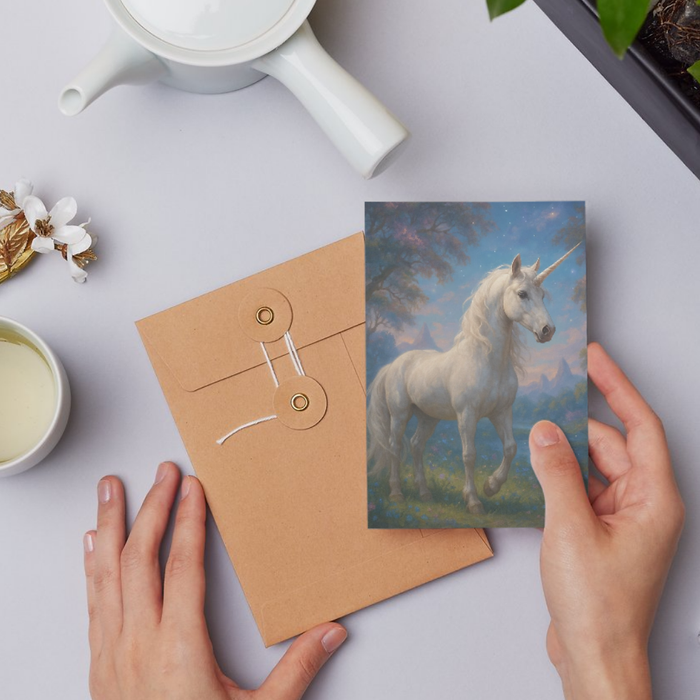 Mystical unicorn greeting card featuring a white unicorn in an enchanted forest at twilight