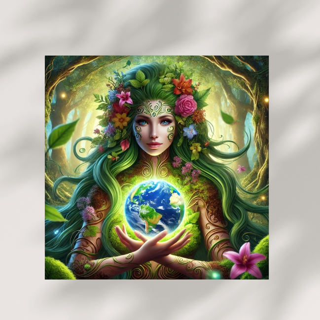 A serene Mother Earth figure intertwined with natural elements like leaves, flowers, and flowing hair.