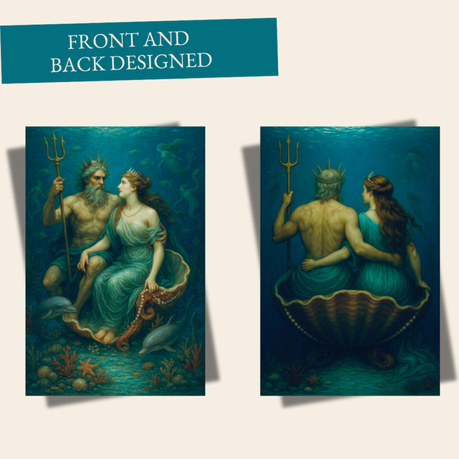 Greeting card featuring Poseidon and Amphitrite in ocean-themed mythology art.