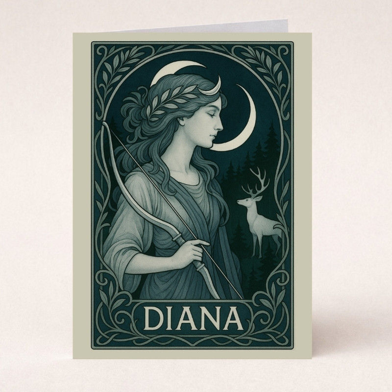 Art Nouveau greeting card featuring Diana, Roman goddess of the hunt.