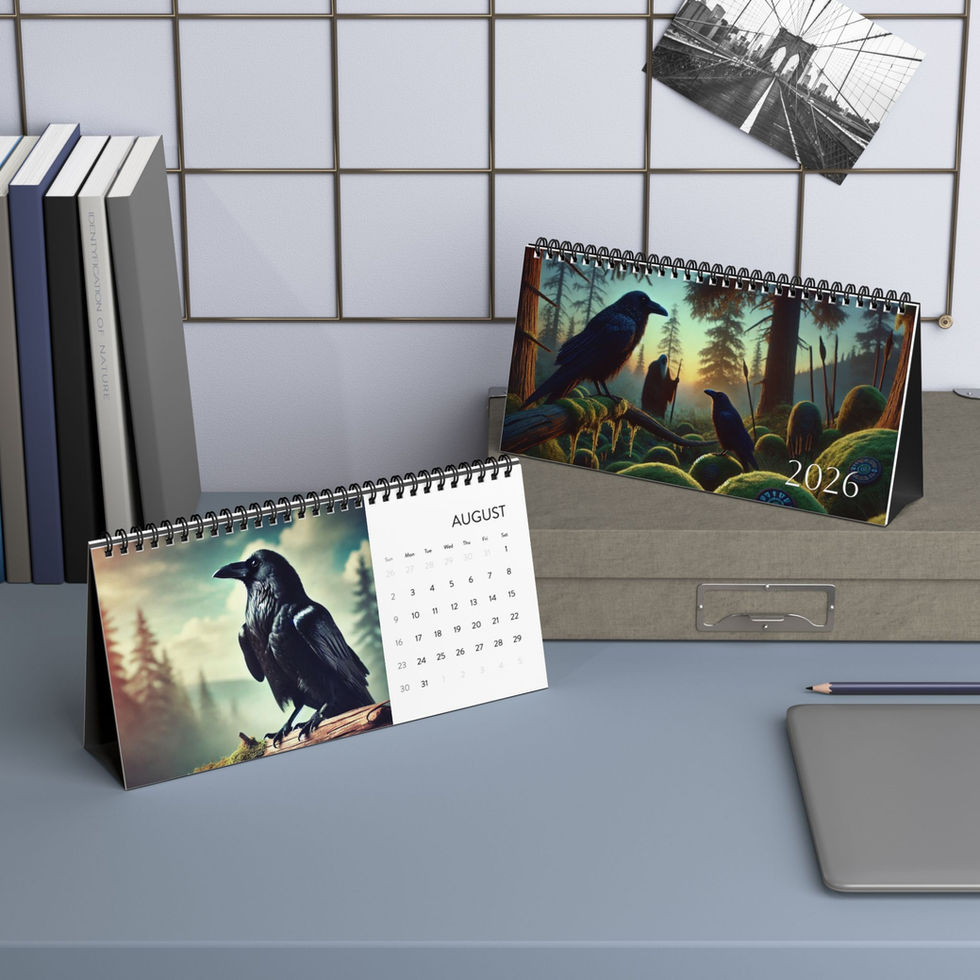 2026 desktop calendar with whimsical raven and crow illustrations.