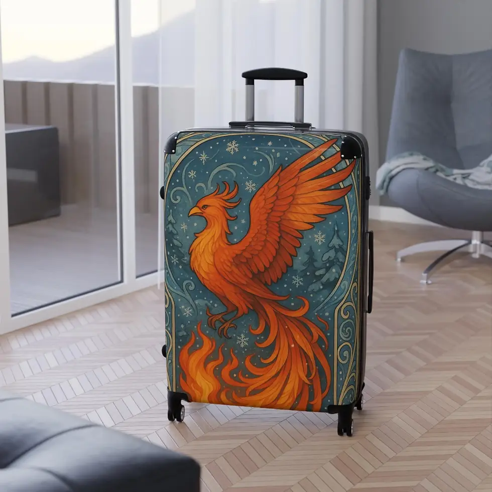 Suitcase featuring a vibrant phoenix design in fiery orange and red tones with Art Nouveau-inspired details.
