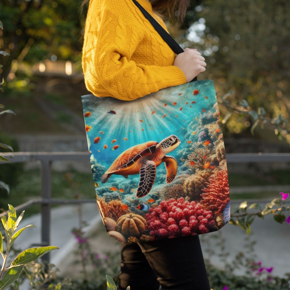 Sea turtle illustrated tote bag featuring a colorful coral reef with tropical fish and sunlight filtering through ocean water