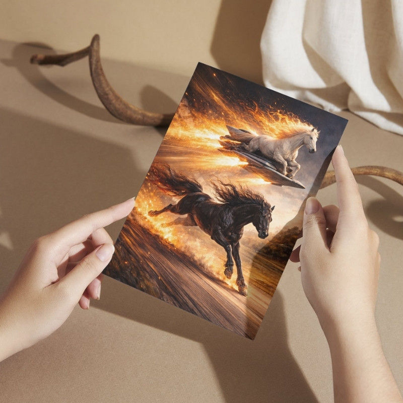 Two fire horses running together through flames, symbolizing strength and momentum inspired by the Chinese New Year.