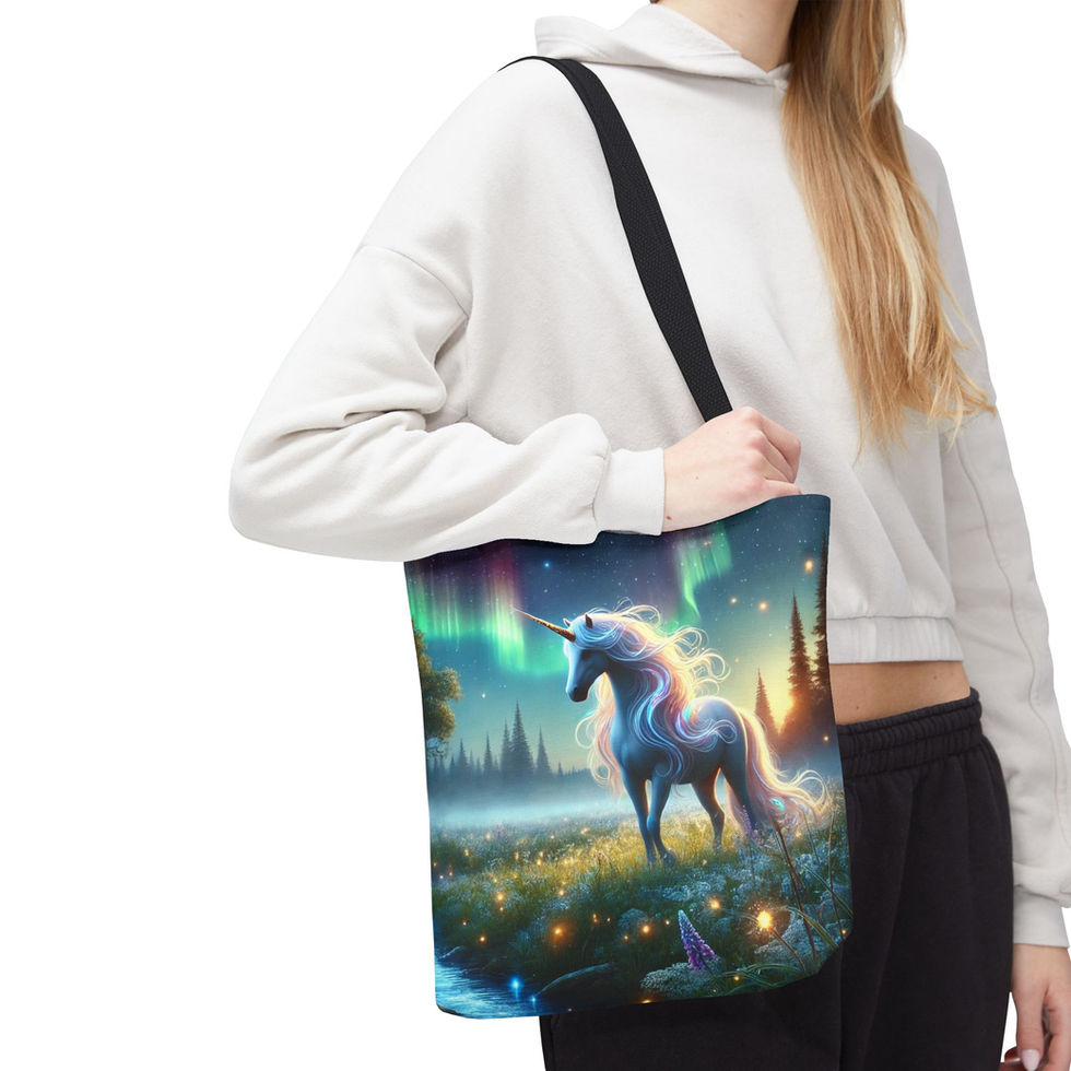 Northern Lights unicorn tote bag featuring a glowing unicorn under an aurora sky, worn as a crossbody bag.