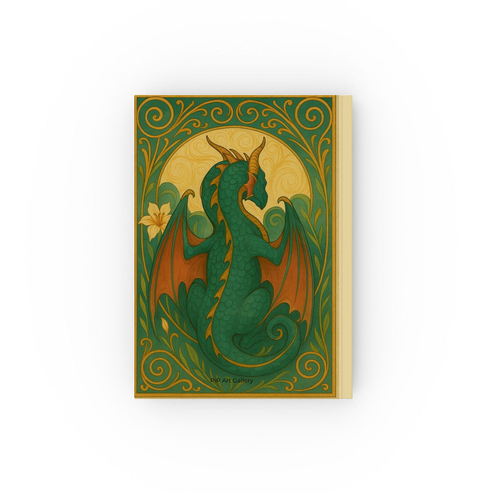 Notebook featuring ornate Art Nouveau dragon illustration.
